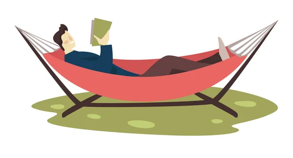 Guy lisant le livre en hamac, loisir et éducation, caractère isolé — Image vectorielle