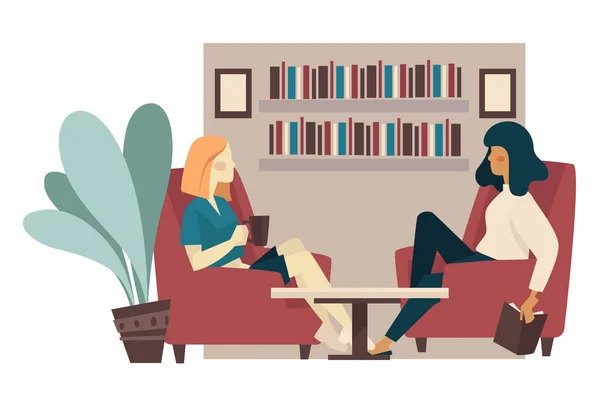 Οι φίλες πίνουν τσάι και μιλάνε στη βιβλιοθήκη. — Διανυσματικό Αρχείο