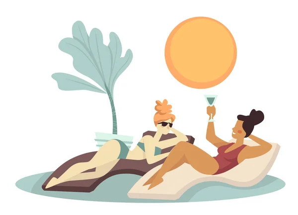 Petites amies bronzer en maillots de bain et couché sur des chaises longues — Image vectorielle