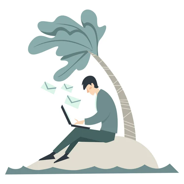 Homme avec ordinateur portable écrivant des lettres électroniques sur une île isolée — Image vectorielle