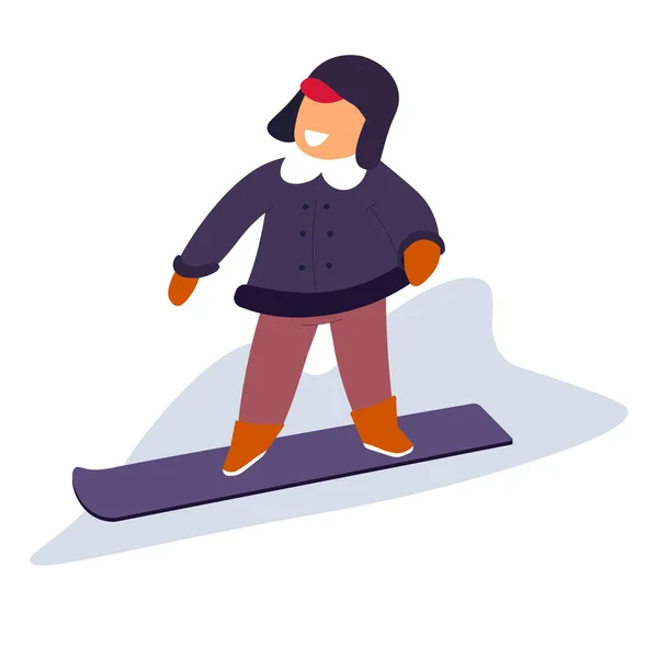 Çocuk kış tatilinde karlı yamaçlarda snowboard yapıyor. — Stok Vektör