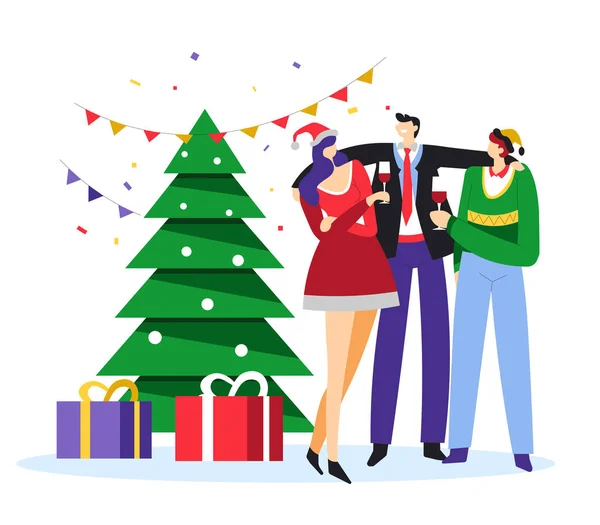 Nouvel an buisson et les gens qui portent un toast près de l'arbre de Noël — Image vectorielle