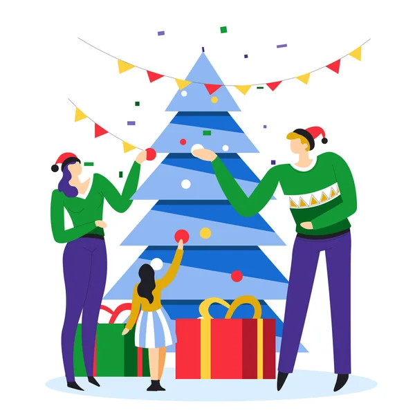 Les parents en chandails de fête décorant Noël avec leur enfant — Image vectorielle