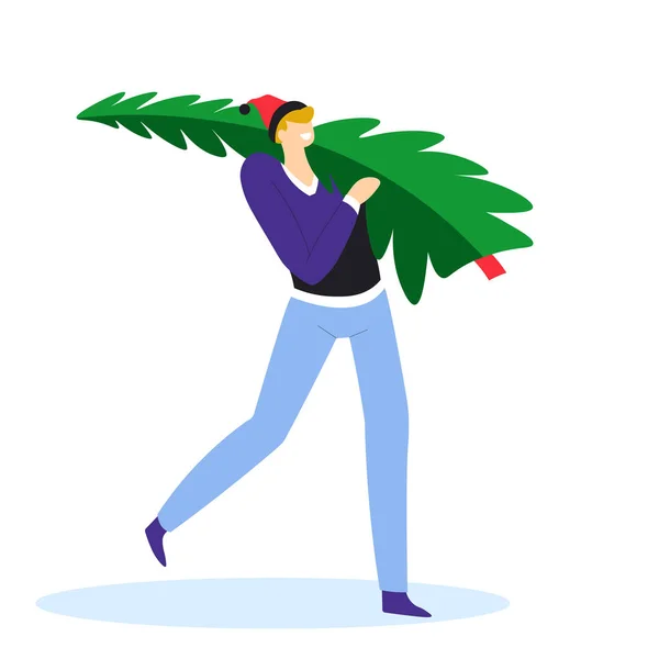 Man carrying Christmas tree and walking home — Stock Vector