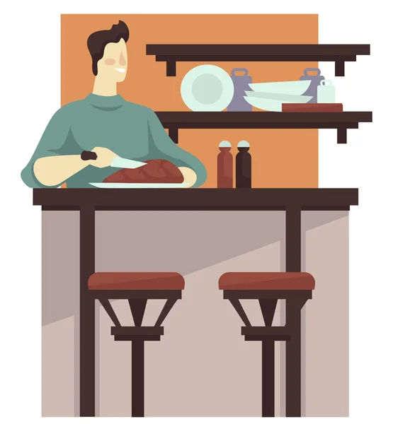 Young man cutting home cooked steak at home kitchen — Stock Vector