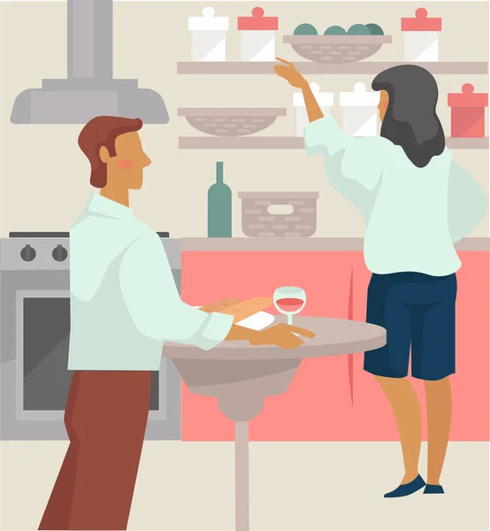 Pareja tomar una copa de vino y preparar la cena en la cocina — Archivo Imágenes Vectoriales