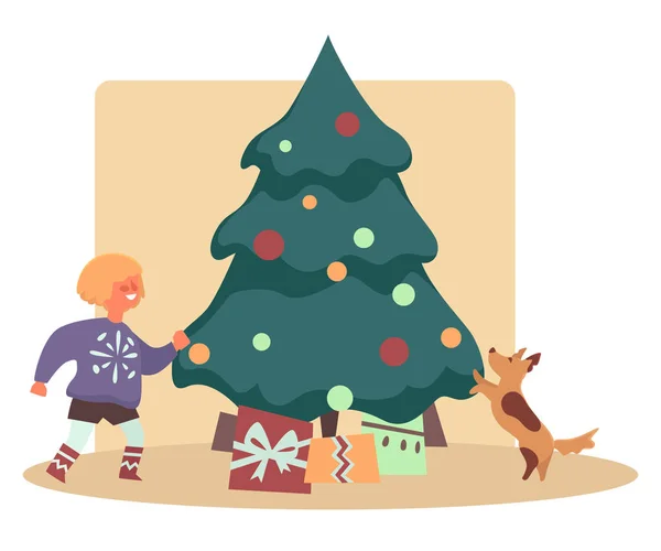 Enfant heureux avec chien animal de compagnie trouver des cadeaux sous l'arbre de Noël — Image vectorielle