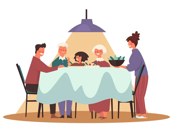 Cena della famiglia del Ringraziamento e Natale con tre generazioni — Vettoriale Stock