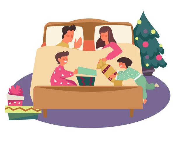 Barn öppnar julklappar i pyjamas medan föräldrarna sover — Stock vektor