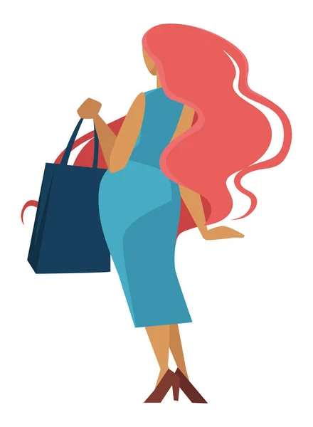 Uzun kızıl saçlı ve alışveriş çantalı kadın. — Stok Vektör