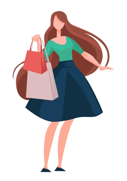 Mujer morena de compras con pelo largo marrón y bolsas — Vector de stock