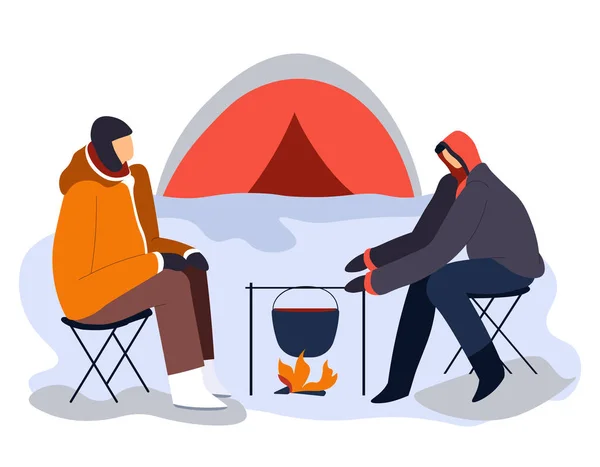 Turisté sedí u stanu a táboráku s hrncem na vaření — Stockový vektor