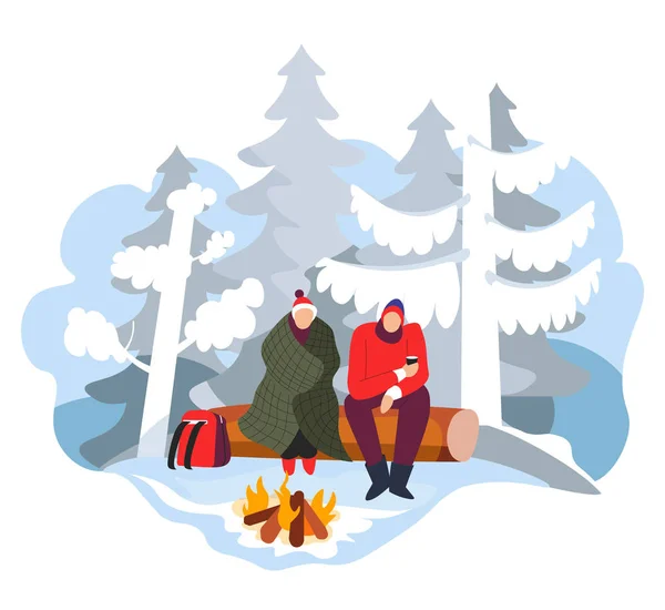 Hikers sitting near campfire in winter forest with camping gear — Stock Vector