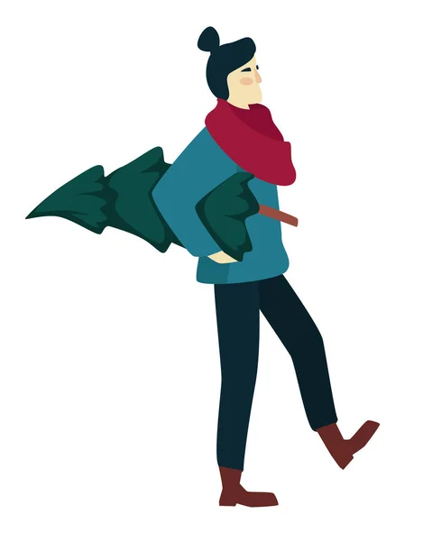 Femme faisant du shopping et portant un sapin de Noël en hiver — Image vectorielle