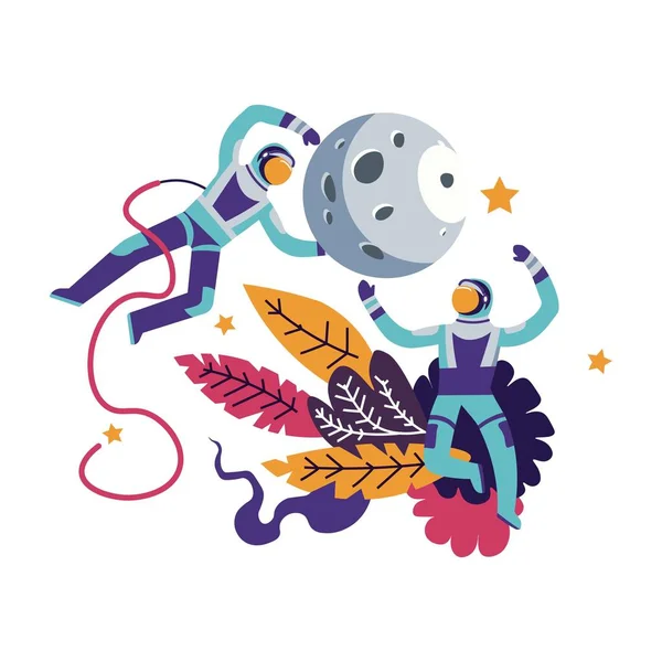 Astronautas con trajes espaciales flotando en el espacio con luna y st — Vector de stock