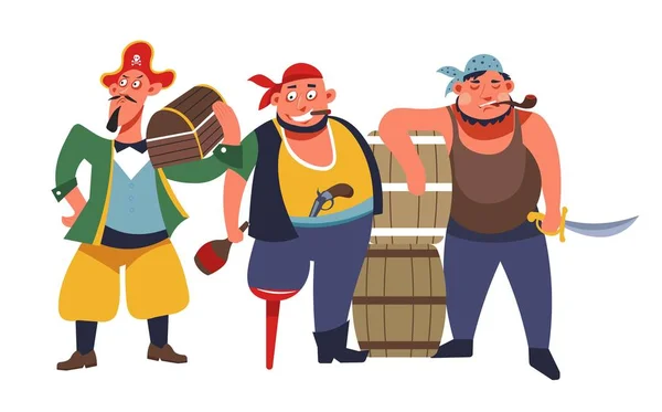 Pirates debout, bande de trois voleurs de mer barbus et armés — Image vectorielle
