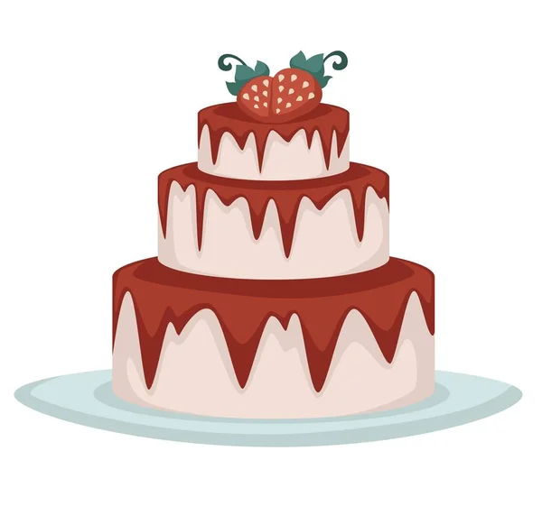 Třístupňový jahodový dort s růžovou polevou a džemem — Stockový vektor
