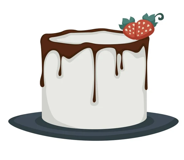 Sobremesa bolo gelado com gotejamento de chocolate e morangos —  Vetores de Stock