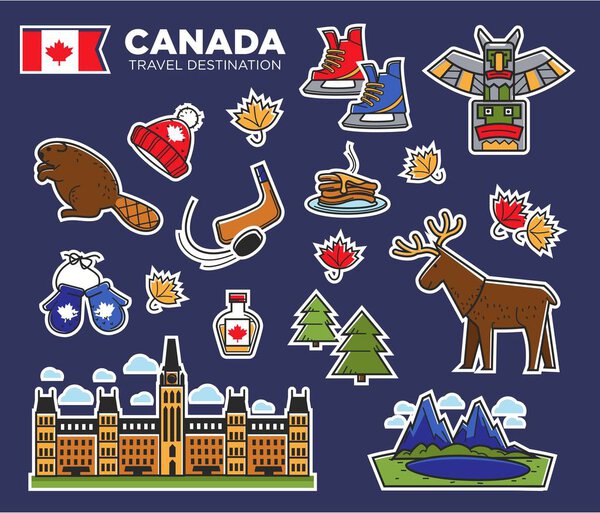 Canada travel destination poster with national symbol icons