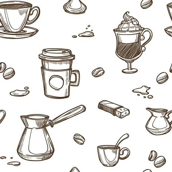 Kávézó különböző kávé italok kézzel rajzolt vázlat — Stock Vector