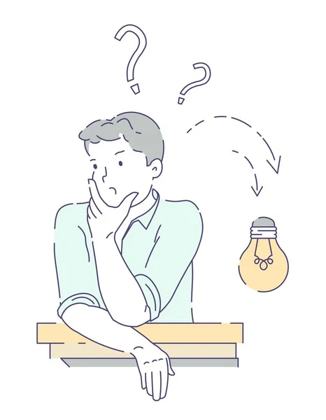 Man having no idea how to solve an issue with lightbulb symbol g — Stock Vector