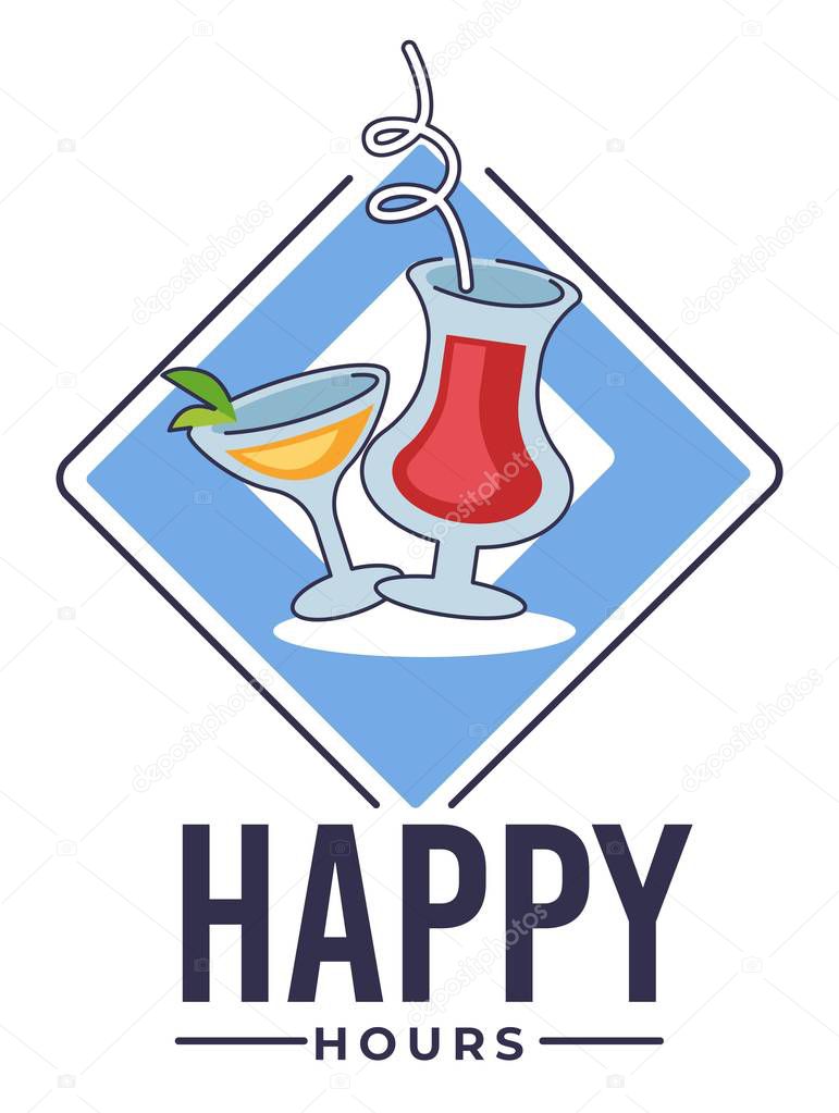 Happy hours in bar, banner with cocktails for cafe restaurants vector. Glass with alcoholic or non-alcoholic beverage decorated with straws. Drinks in establishment in special time flat style