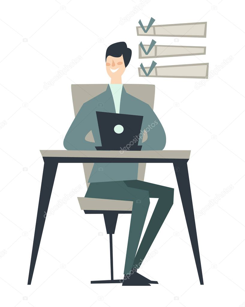 Person working on laptop and checkboxes with check mark icons 