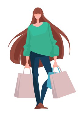 Alışveriş, çantalı kadın, şık kıyafetler, indirimli kıyafet ve yemek.