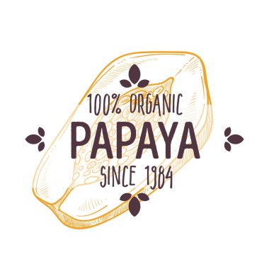 % 100 organik papaya etiketi ve dilimlenmiş tropikal meyve ile tüm doğal gıda paketleme tasarımı