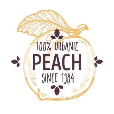 Yüzde yüz organik şeftali etiketi ve tüm doğal gıda paketleme tasarımı için sulu meyveler.