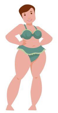 Kıvrımlı, gülümseyen bir kadının iki parçalı yüzüşü.