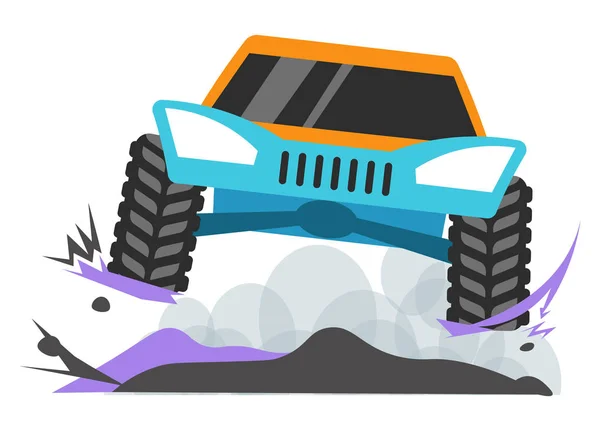 Nagy teherautó rally földdel és bögrével a kerekek alatt — Stock Vector