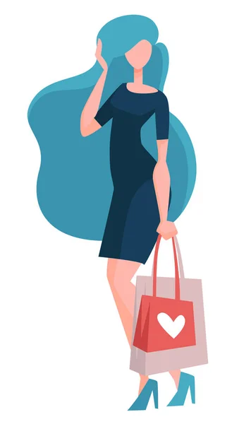 Mujer en compras, bolsas o paquetes, compra de ropa a la venta — Vector de stock