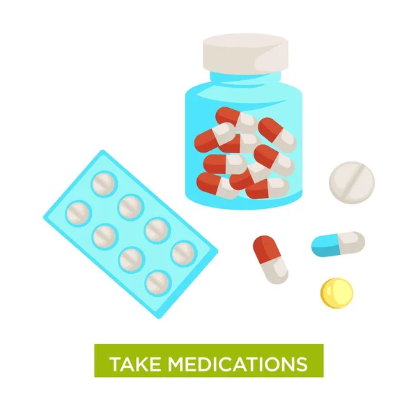 Vegyük gyógyszerek témájú vektor üveg tele kapszulák és tabletták hólyagok közeli — Stock Vector