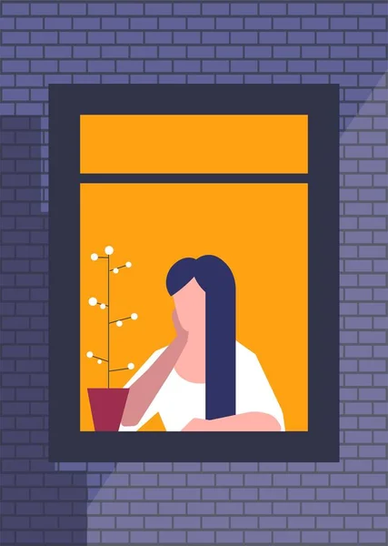 Brunette woman sitting and looking out of window with plant in a — Stock Vector