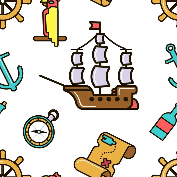 Pirate ship and treasure map adventurous kids seamless pattern — Stock Vector