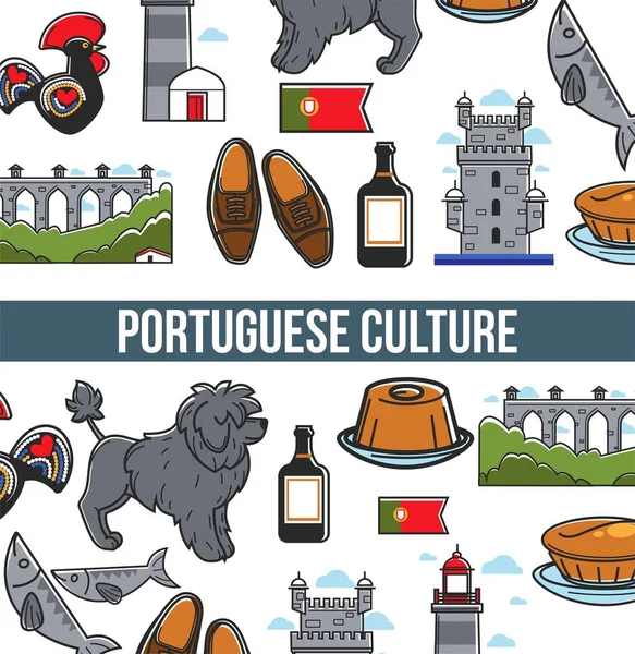 Cartel de patrón sin costuras de la cultura portuguesa con monumentos famosos — Vector de stock