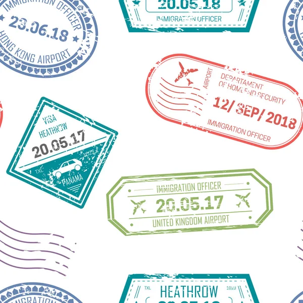 Visa en paspoort stempels bij vertrek en aankomst met data — Stockvector