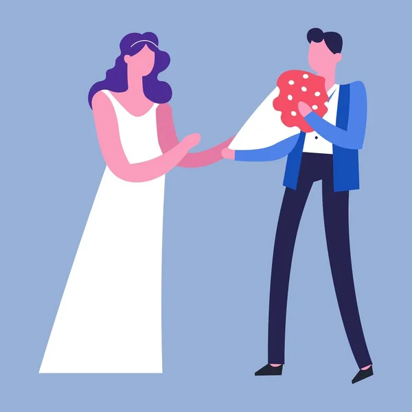 Novia del día de la boda en vestido blanco y novio dando un ramo — Vector de stock