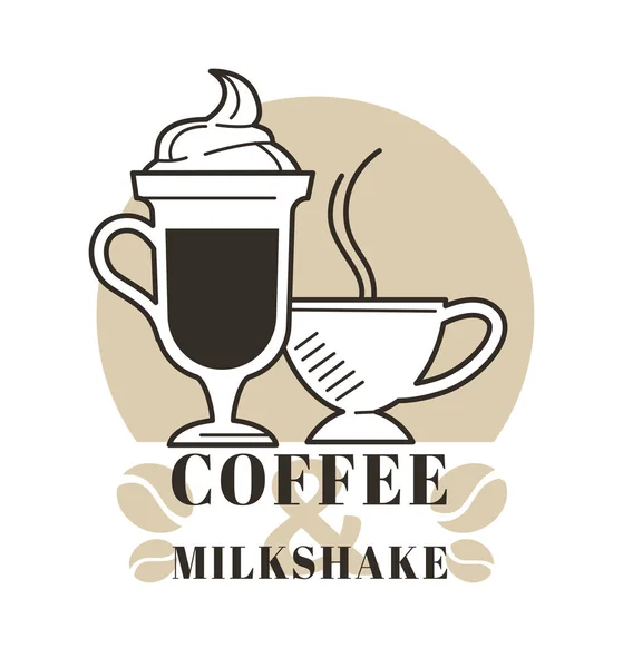 Caneca de vidro alto de latte milkshake e uma xícara de vapor para café e logotipo de milkshake —  Vetores de Stock