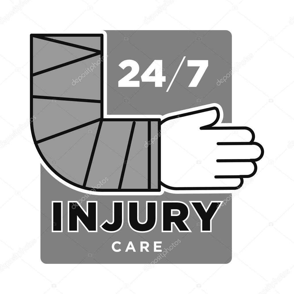 Injury care, twenty-four seven, trauma emergency medical centre monochrome grey, black and white graphic logo, hand wrapped in bandage, healthcare professional service, vector design concept