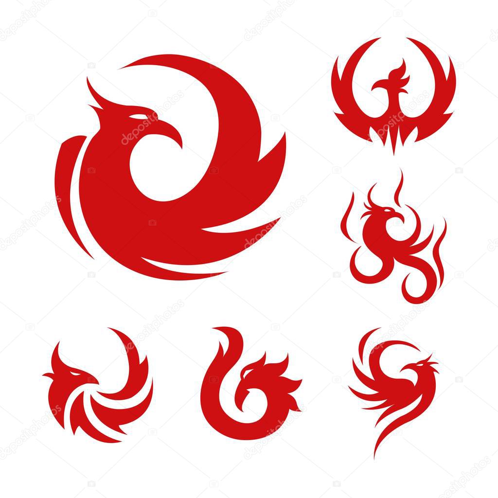 Phoenix bird stylized graphic red logo set of six