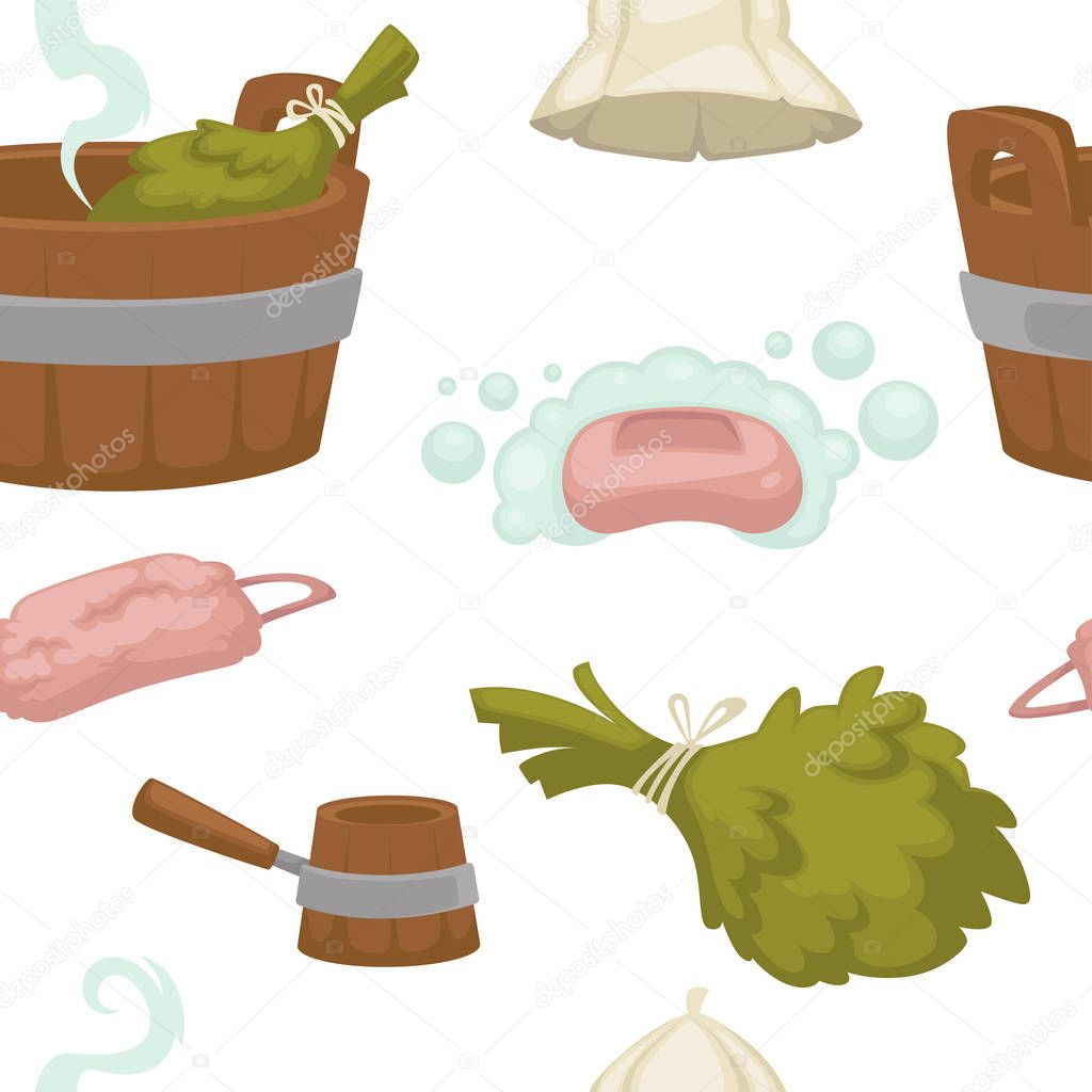Sauna and bath house accessories colourful seamless pattern