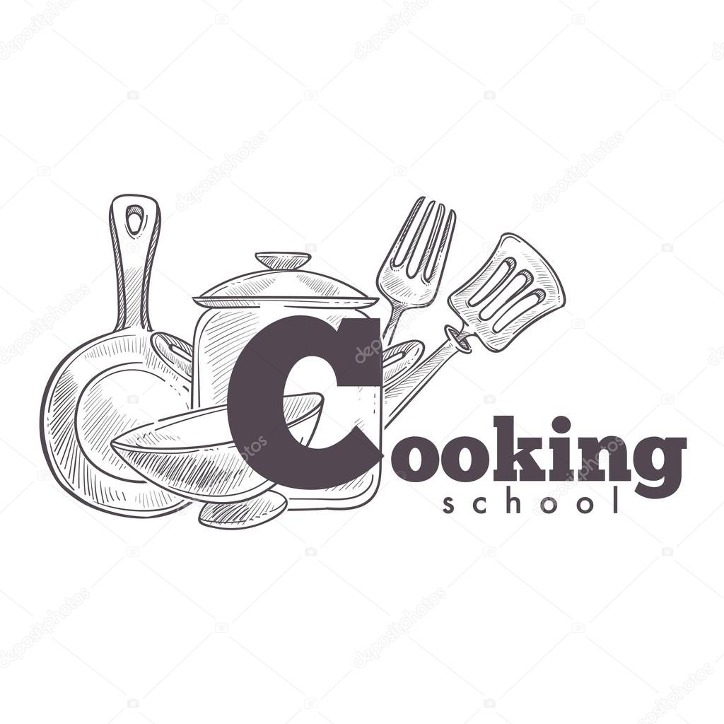 Cooking school vintage hand drawn sketch logo with utensil