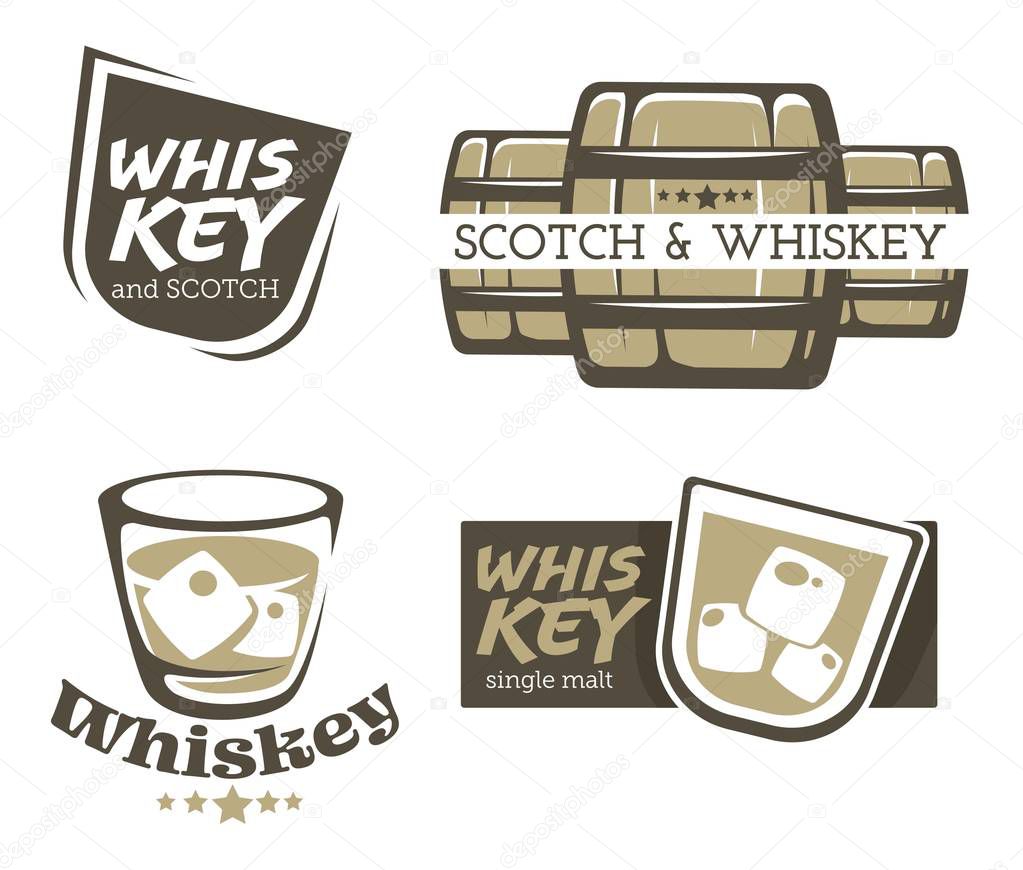 Whiskey and scotch graphic logo for pub, club, bar, glassware with ice cubes, brewed, aged in casks, wooden barrels, set of four graphic flat vector illustration on white background