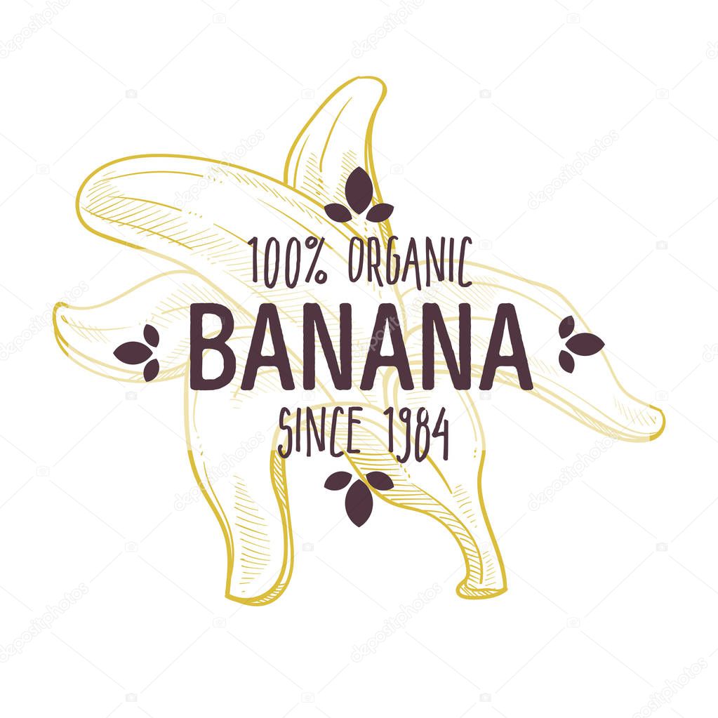 100 percent organic banana label with peeled tropical fruit for all natural food packaging design