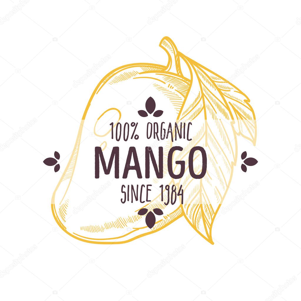 100 percent organic mango label with whole tropical fruit for all natural food packaging design