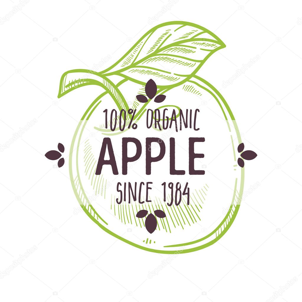 100 percent organic apple label with whole ripe fruit for all natural food packaging design