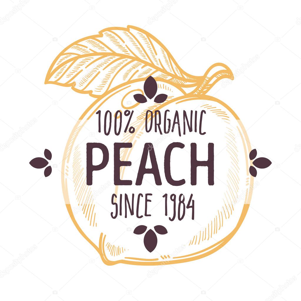 100 Organic Peach Juicy Fleshy Whole Stone Fruit With Short Hair Fuzz Label For All Natural Food Packaging Design Grocery Product Hand Drawn Sketch Flat Vector Illustration On White Background Premium
