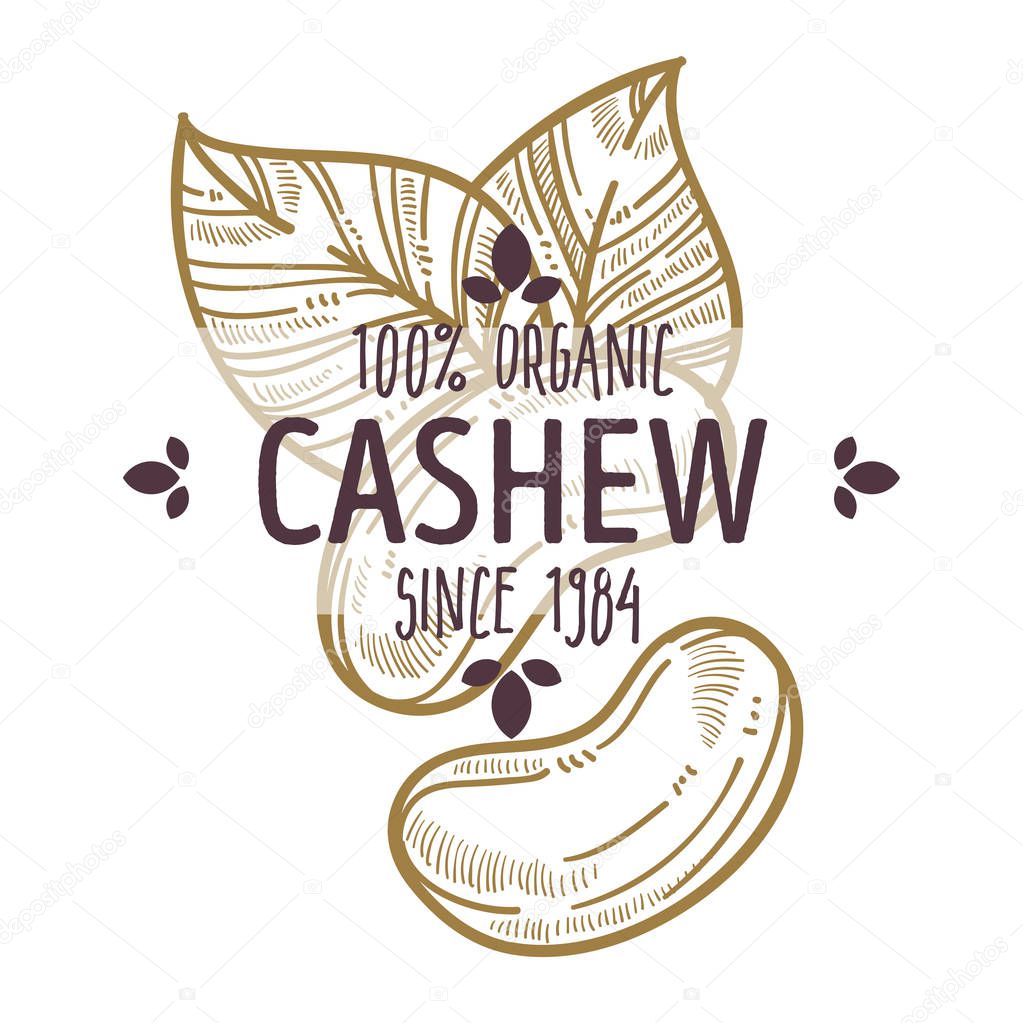 100 percent organic cashew nut label with leaves for all natural food packaging design
